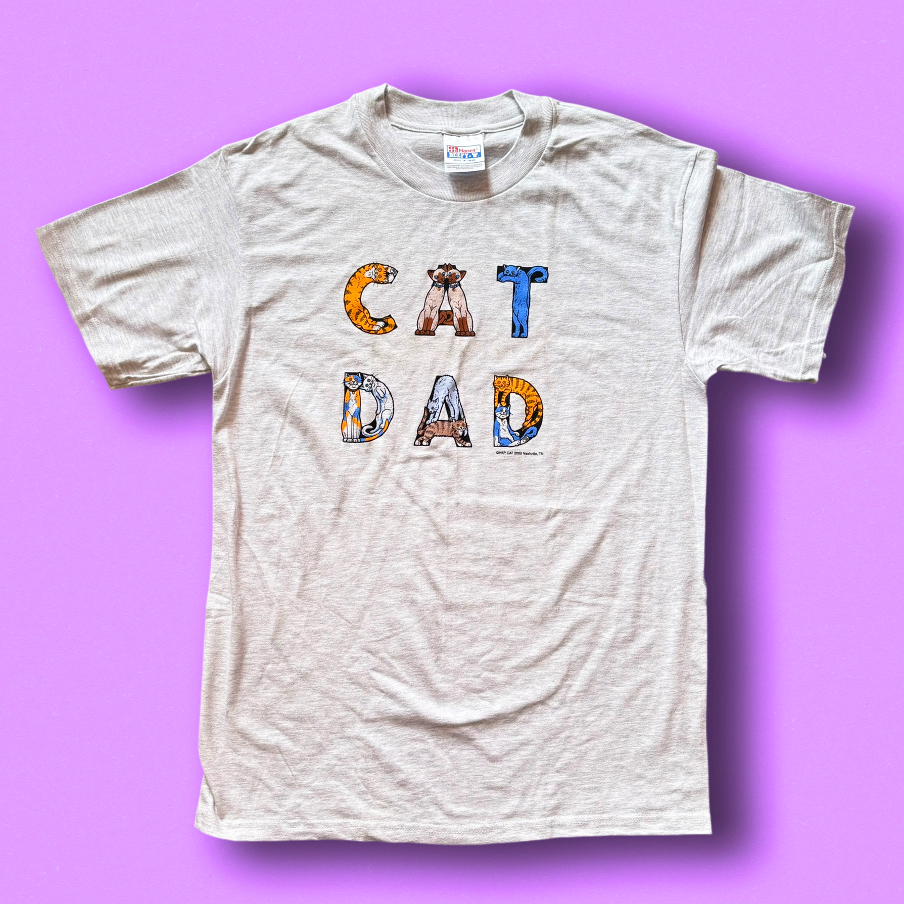 A grey t-shirt with the text 'CAT DAD' printed in bold letters, featuring a graphic of a cat face integrated into the design. Vintage Hep Cat Tee