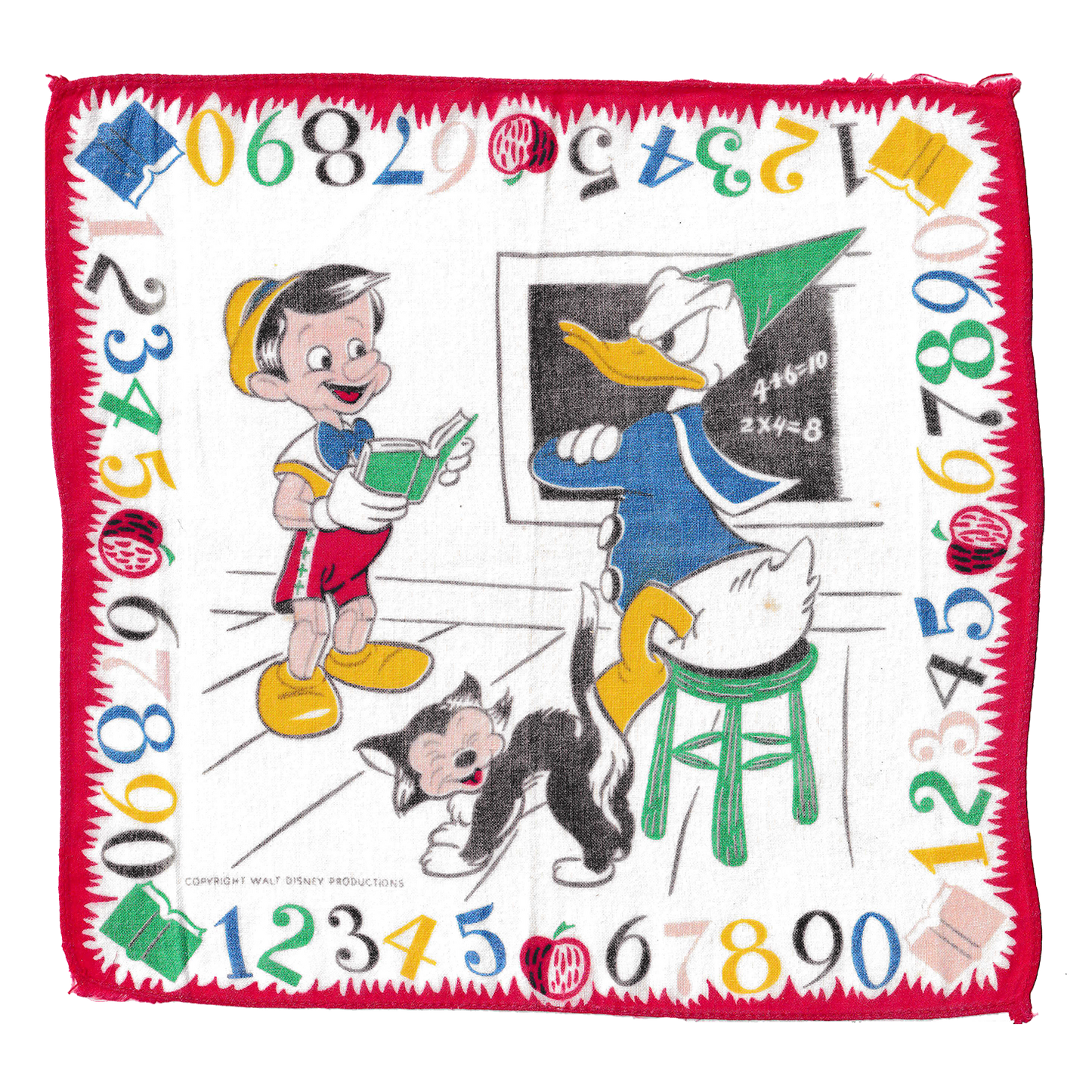 Vintage Pinocchio, Figaro, & Donald Duck School-Themed Handkerchief