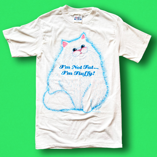 A white t-shirt with a graphic of a fluffy cat and the text 'I'm Not Fat... I'm Fluffy!' written in blue.