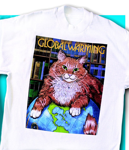 A graphic t-shirt with an image of a cat sitting on a globe with the text 'GLOBAL WARMING' above it. Vintage Hep Cat Tee