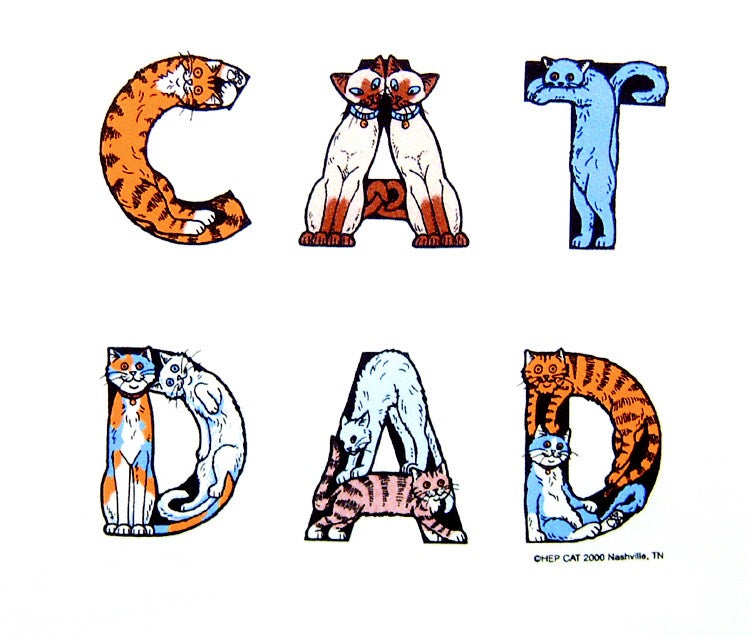 A white t-shirt with the text 'CAT DAD' printed in bold letters, featuring a graphic of a cat face integrated into the design. Vintage Hep Cat Tee.