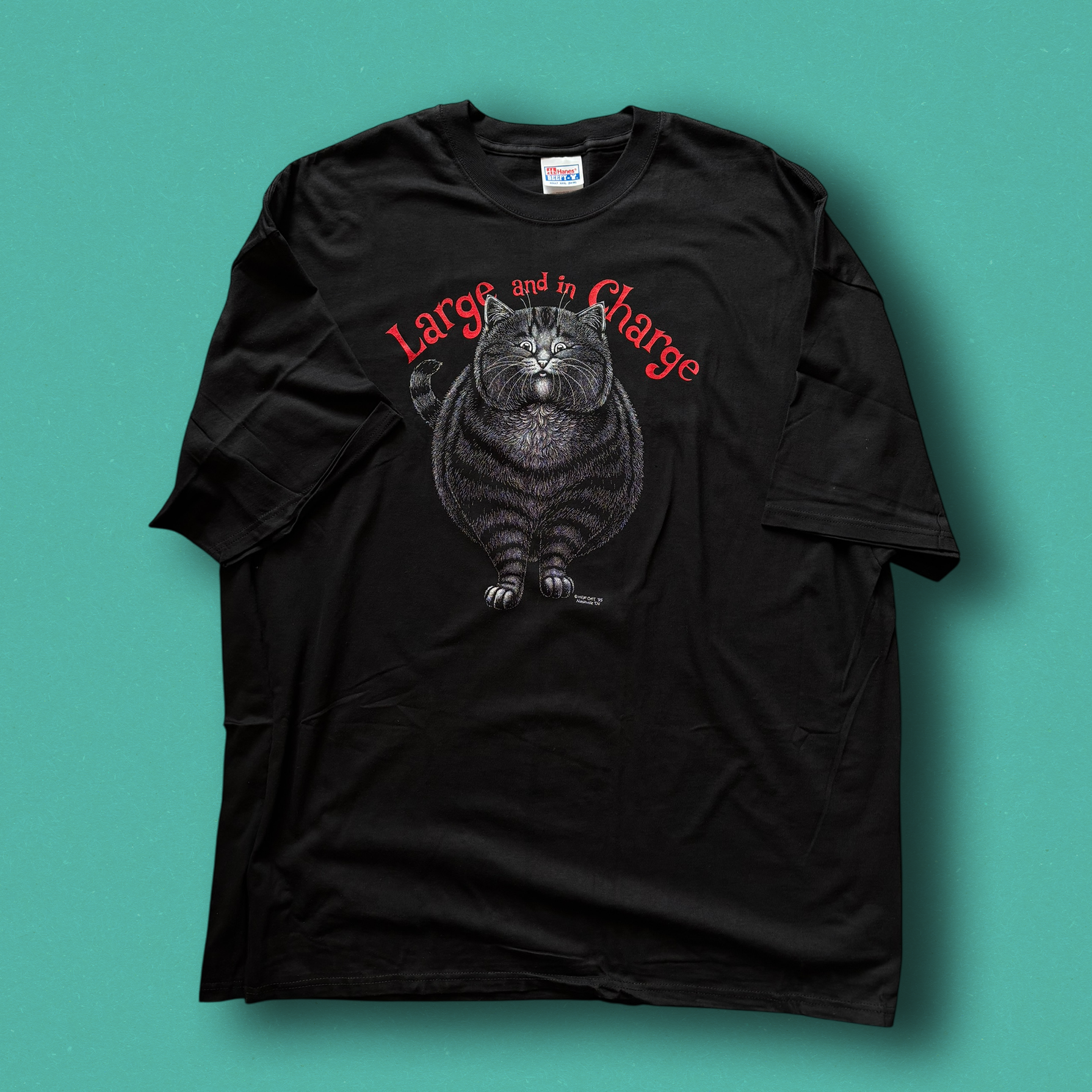 Black crew neck t-shirt with a graphic of a cat and the text 'Large and in Charge' on the front hep cat