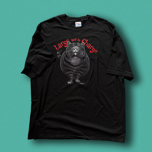 Black crew neck t-shirt with a graphic of a cat and the text 'Large and in Charge' on the front hep cat