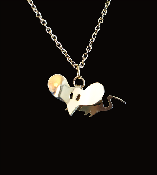 Silver mouse pendant necklace on a black background