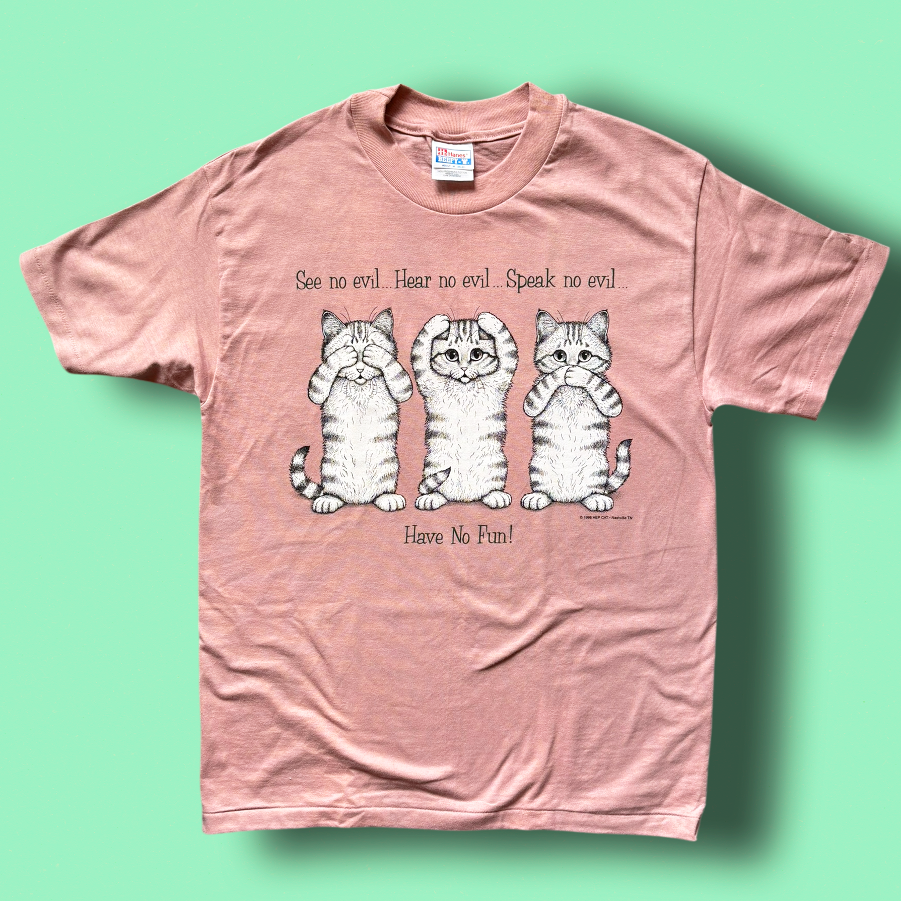 A pink t-shirt with a graphic print of three cats and the text 'See no evil, Hear no evil, Speak no evil, Have No Fun!'