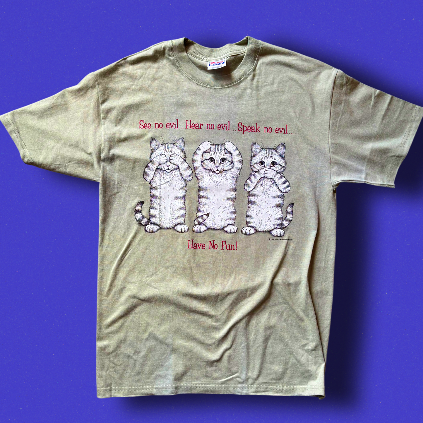 A gray t-shirt with a graphic print of three cats and the text 'See no evil, Hear no evil, Speak no evil, Have No Fun!'