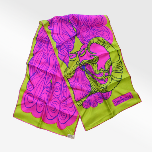 A vibrant silk scarf with a bold, psychedelic 'North Wind' print in multiple colors.
