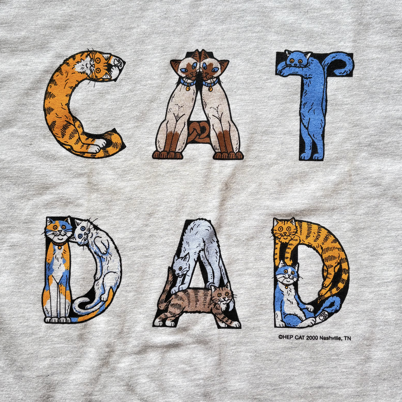 A gray t-shirt with the text 'CAT DAD' printed in bold letters, featuring a graphic of a cat face integrated into the design. Vintage Hep Cat tee