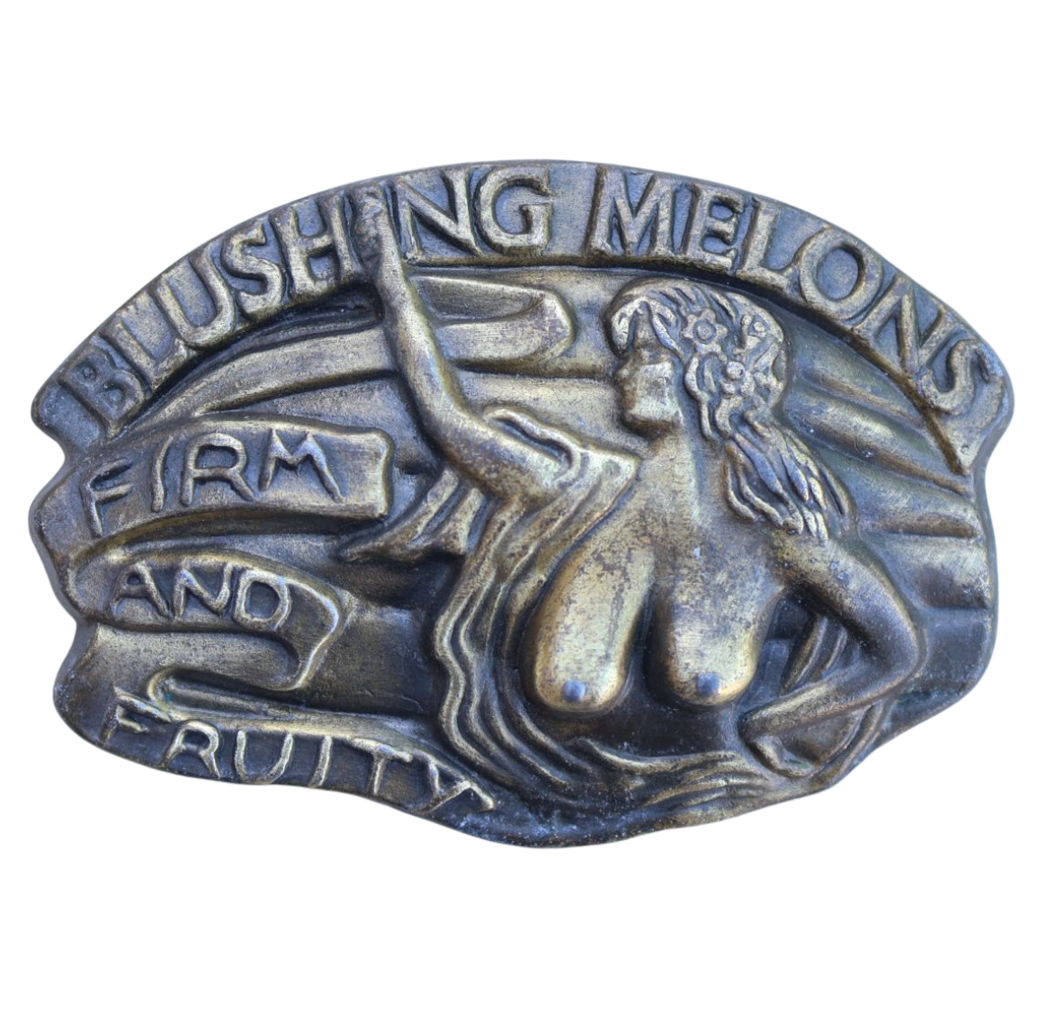 Metallic belt buckle with 'Blushing Melons' text and nude woman