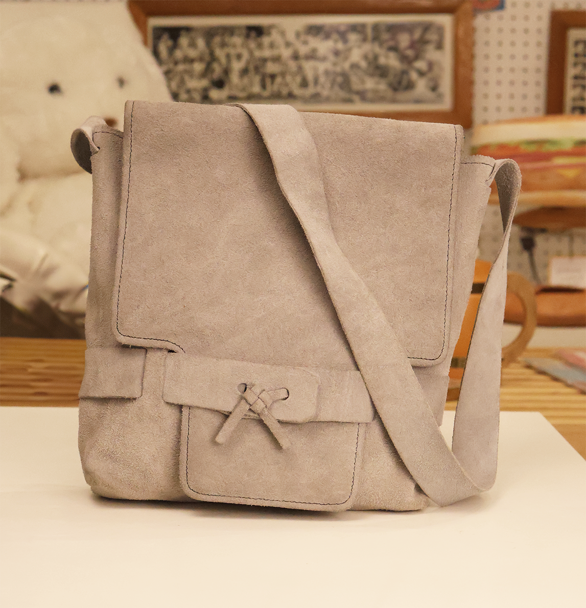Vintage Handmade Gray Suede Boho Bag