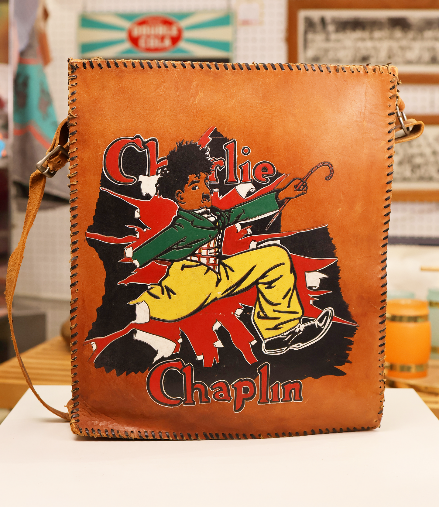 Mid Century Hand Tooled and Painted Charlie Chaplin Satchel