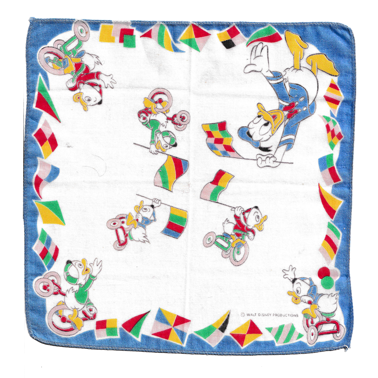 Vintage Donald Duck & Friends Flag & Tricycle Handkerchief