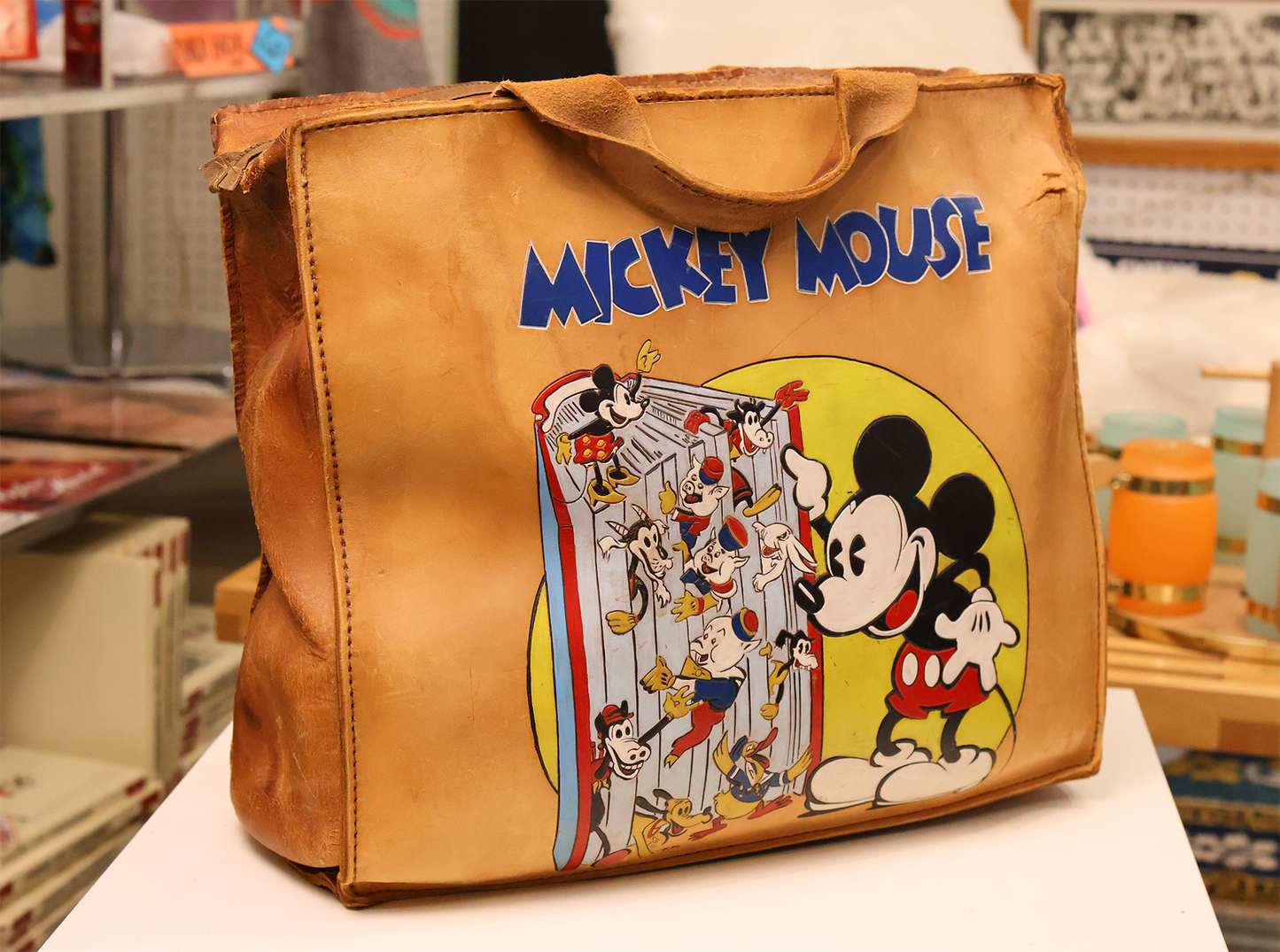 Mid Century Hand Tooled and Painted Mickey Satchel