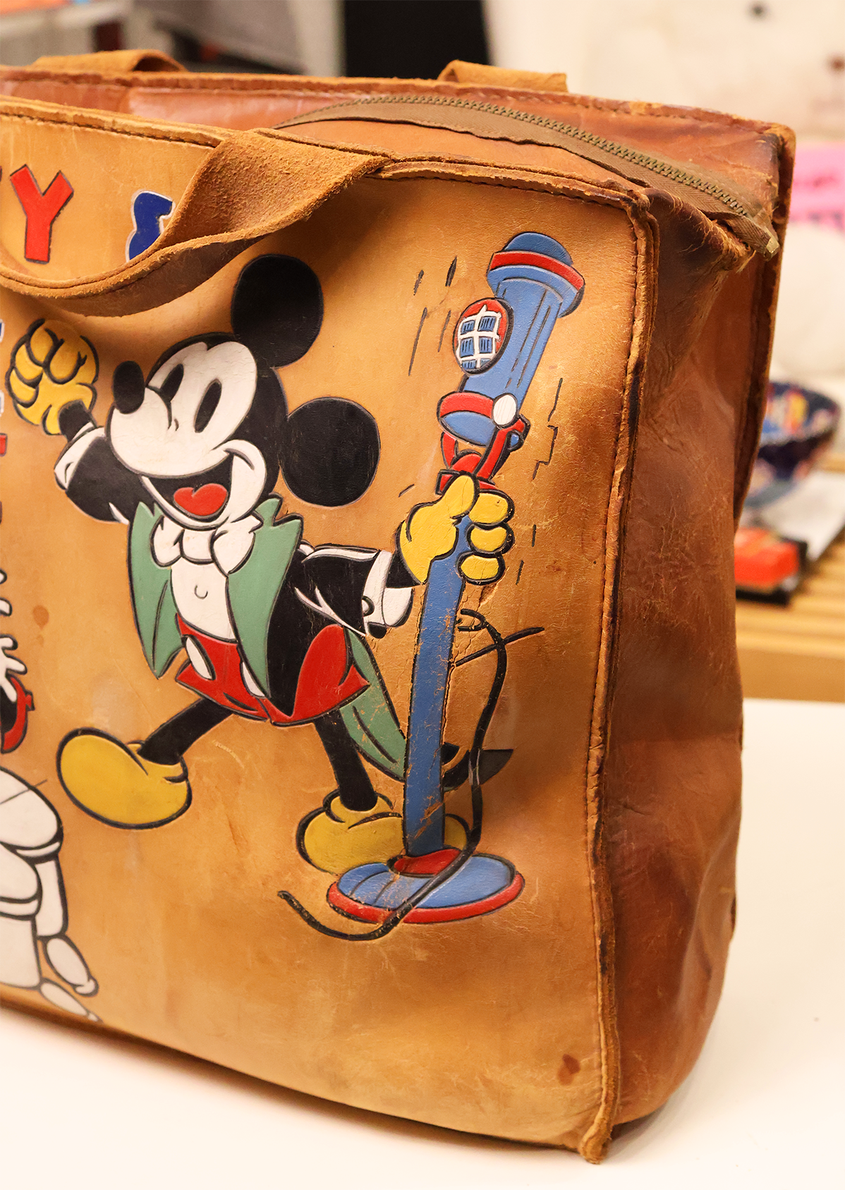 Mid Century Hand Tooled and Painted Mickey Satchel