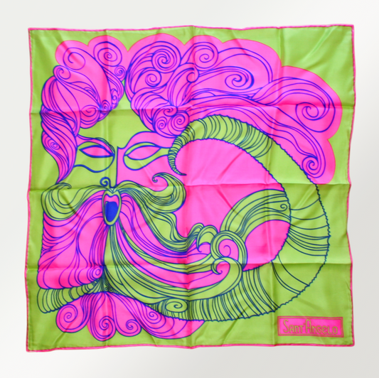 A silk scarf with a bold psychedelic 'North Wind' print in green and pink, featuring intricate line art.