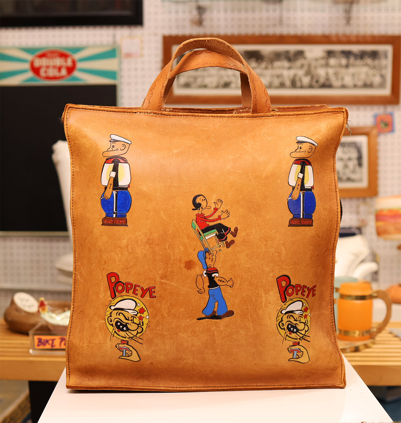 Mid Century Hand Tooled and Painted Popeye Satchel