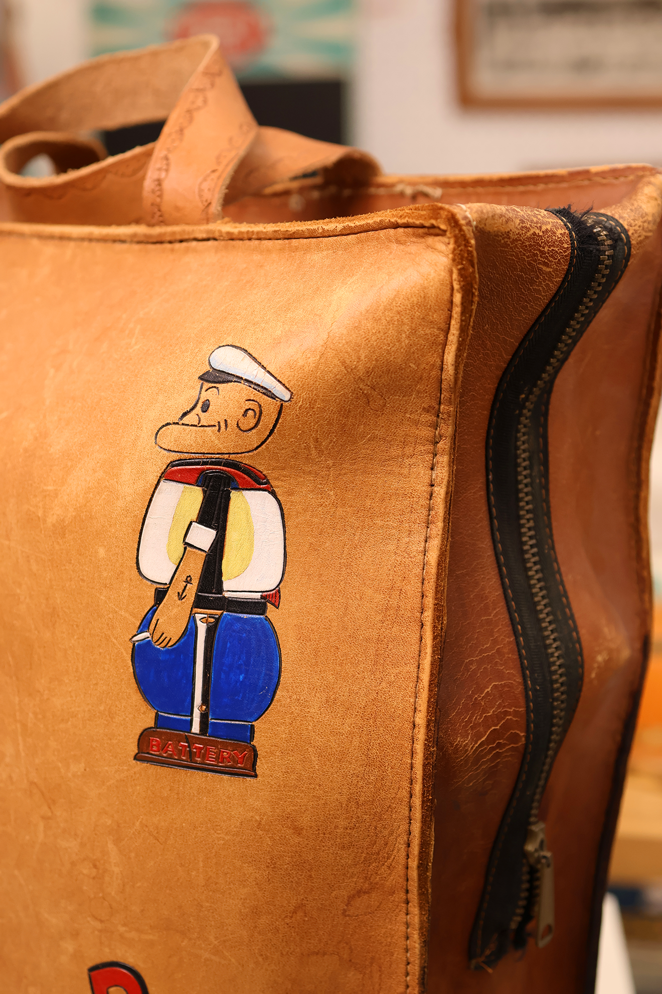 Mid Century Hand Tooled and Painted Popeye Satchel