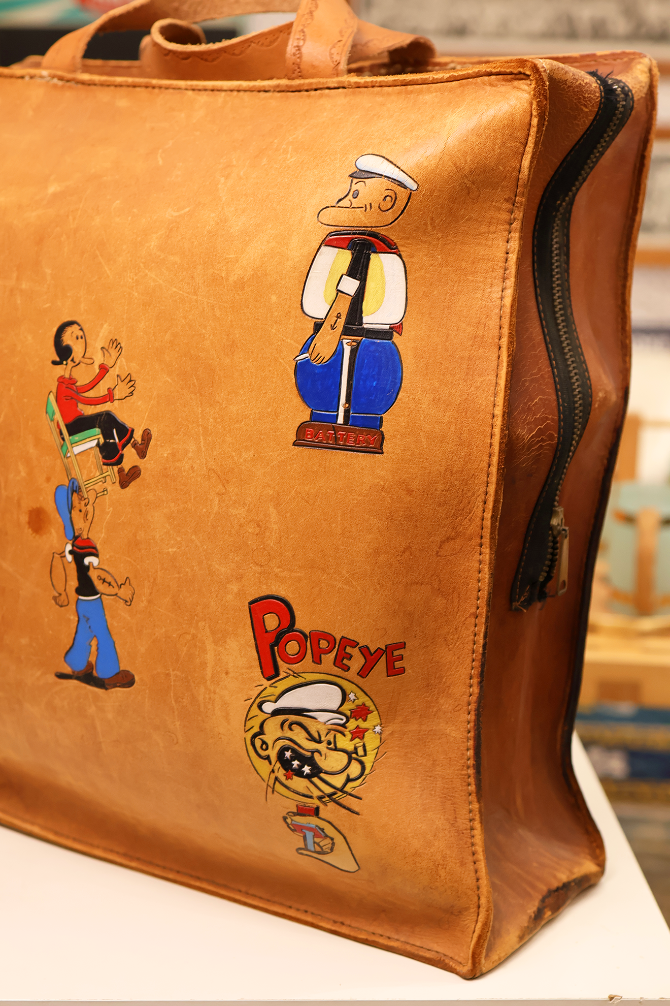 Mid Century Hand Tooled and Painted Popeye Satchel