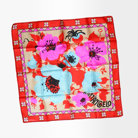 A silk scarf with a bold floral 'Poppy' print by Giorgio Sant'Angelo, featuring red, pink, blue, and yellow colors with a red border.