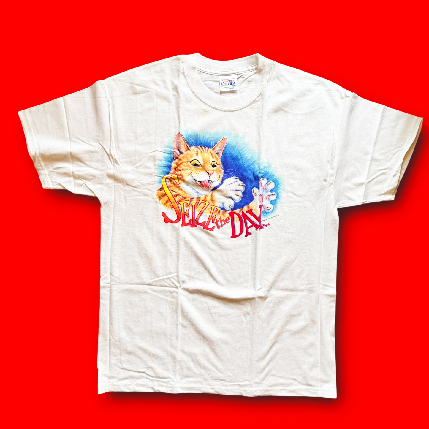 A white crew neck t-shirt with a colorful graphic print of a cat and the text 'Seize the Day!' on a red background.