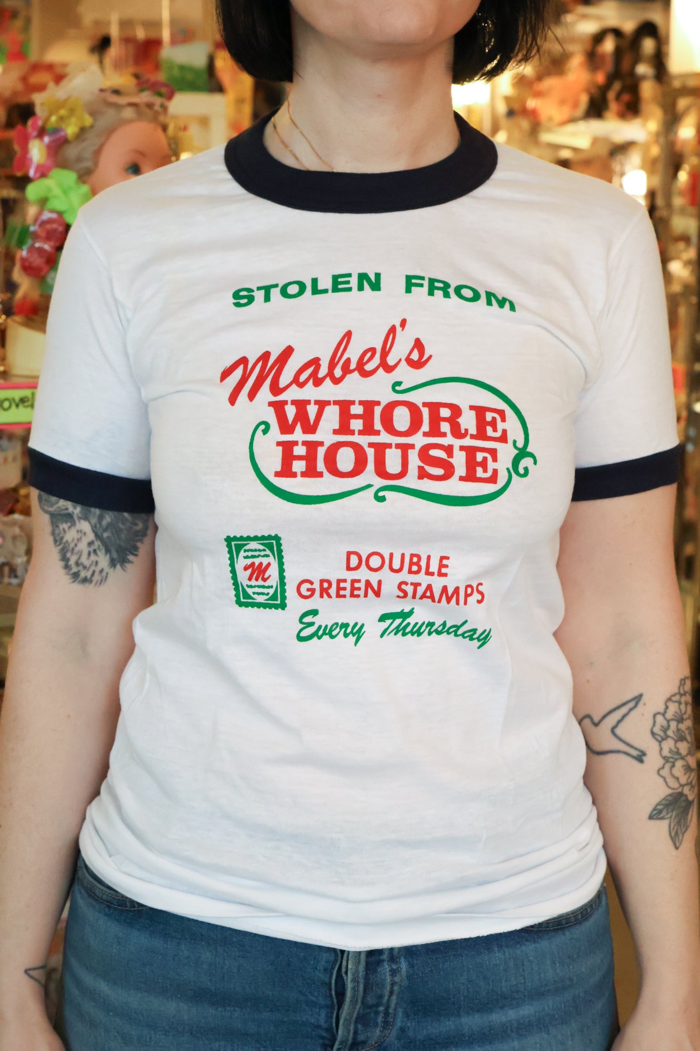 Vintage Naughty Stolen From Mabel's Whore House novelty Ringer Tee shirt - deadstock novelty