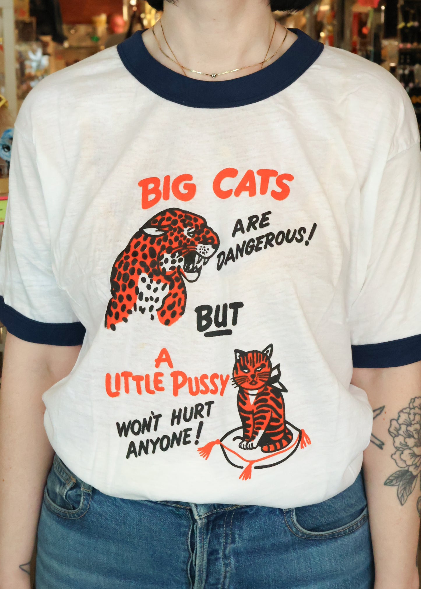Vintage Naughty Big Cats are dangerous but a little pussy won't hurt novelty Ringer Tee shirt - deadstock nos