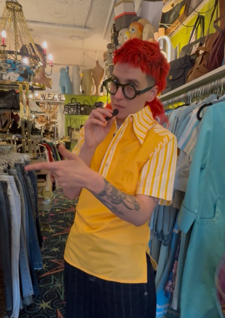 Vintage 1976 McDonald’s yellow uniform shirt with logo, deadstock new old stock worn by redhead model