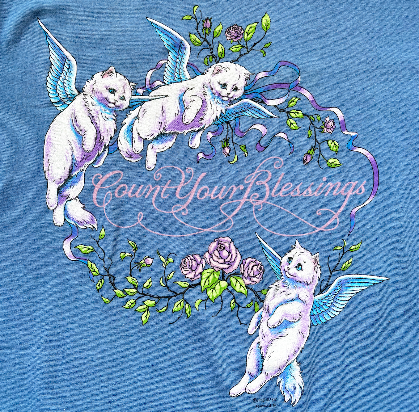 Vintage t shirt design featuring Angel Cats with the saying "Count Your Blessings"