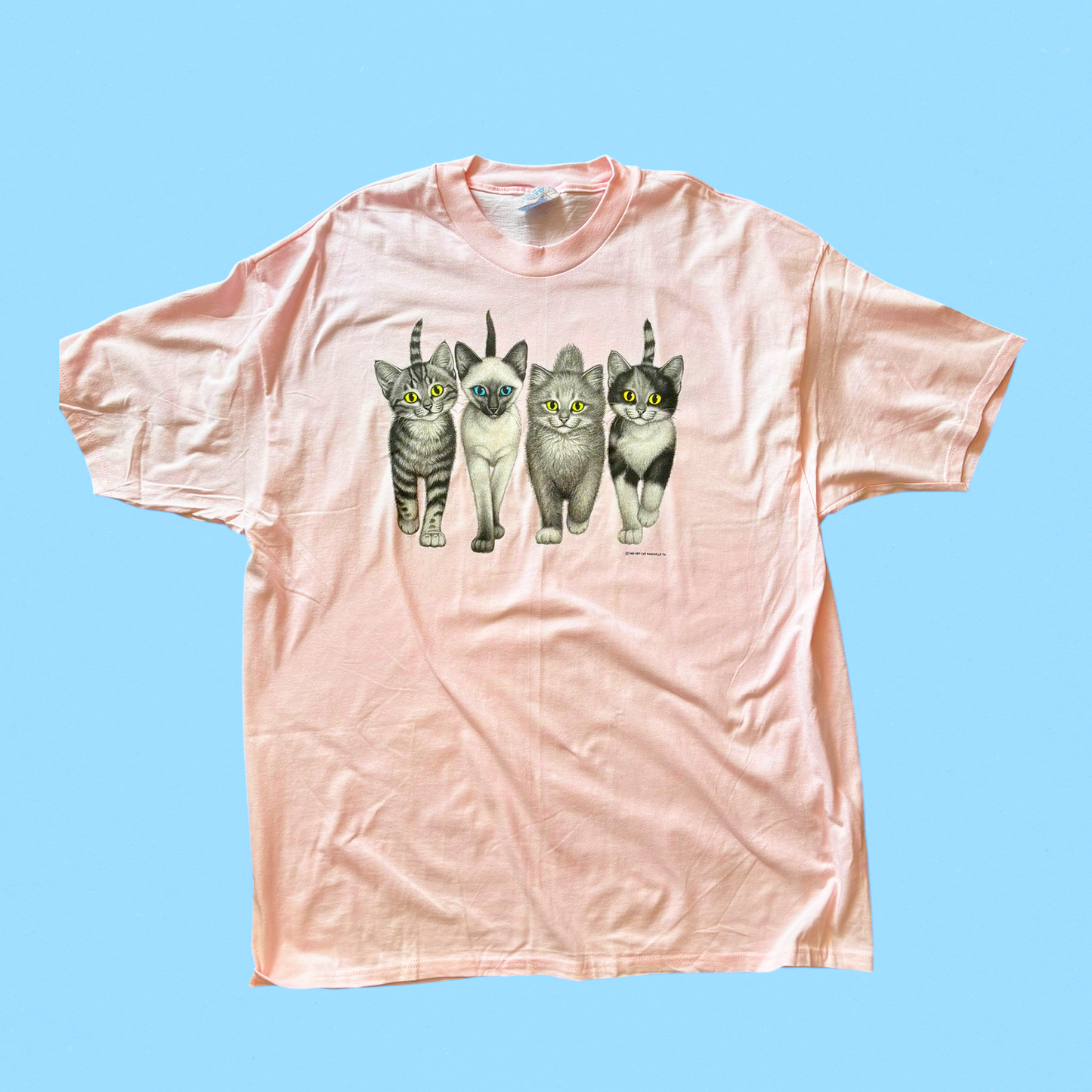 A blue t-shirt featuring a graphic print of four cats in a row on the front.