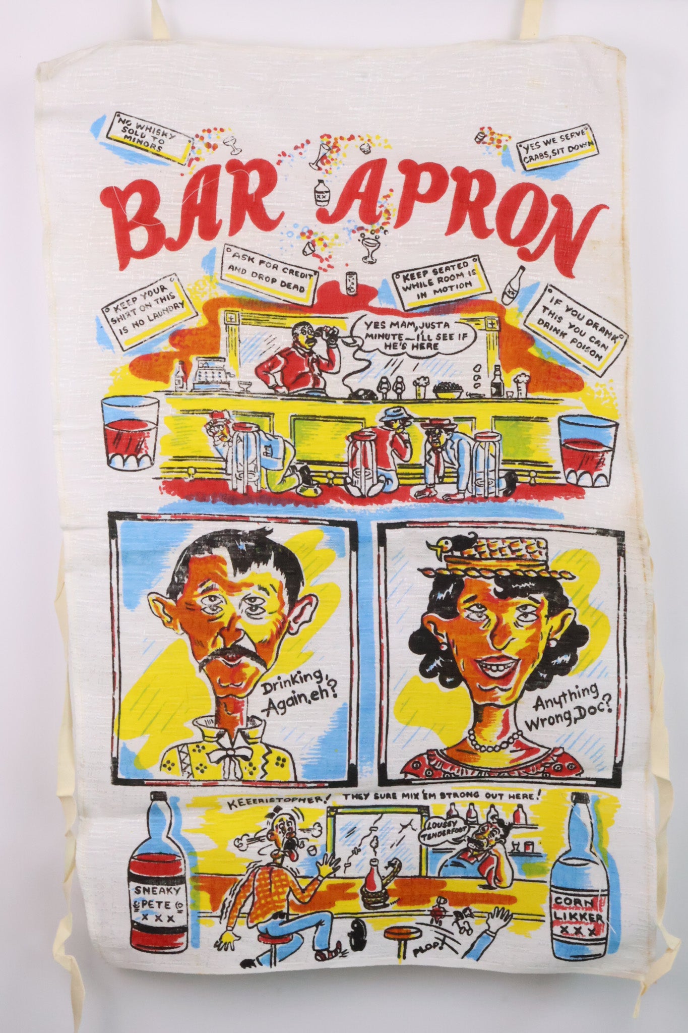 Colorful vintage novelty bar apron with cartoon illustrations and text on a white background