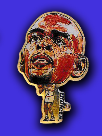 An enamel pin featuring a portrait of Chris Webber