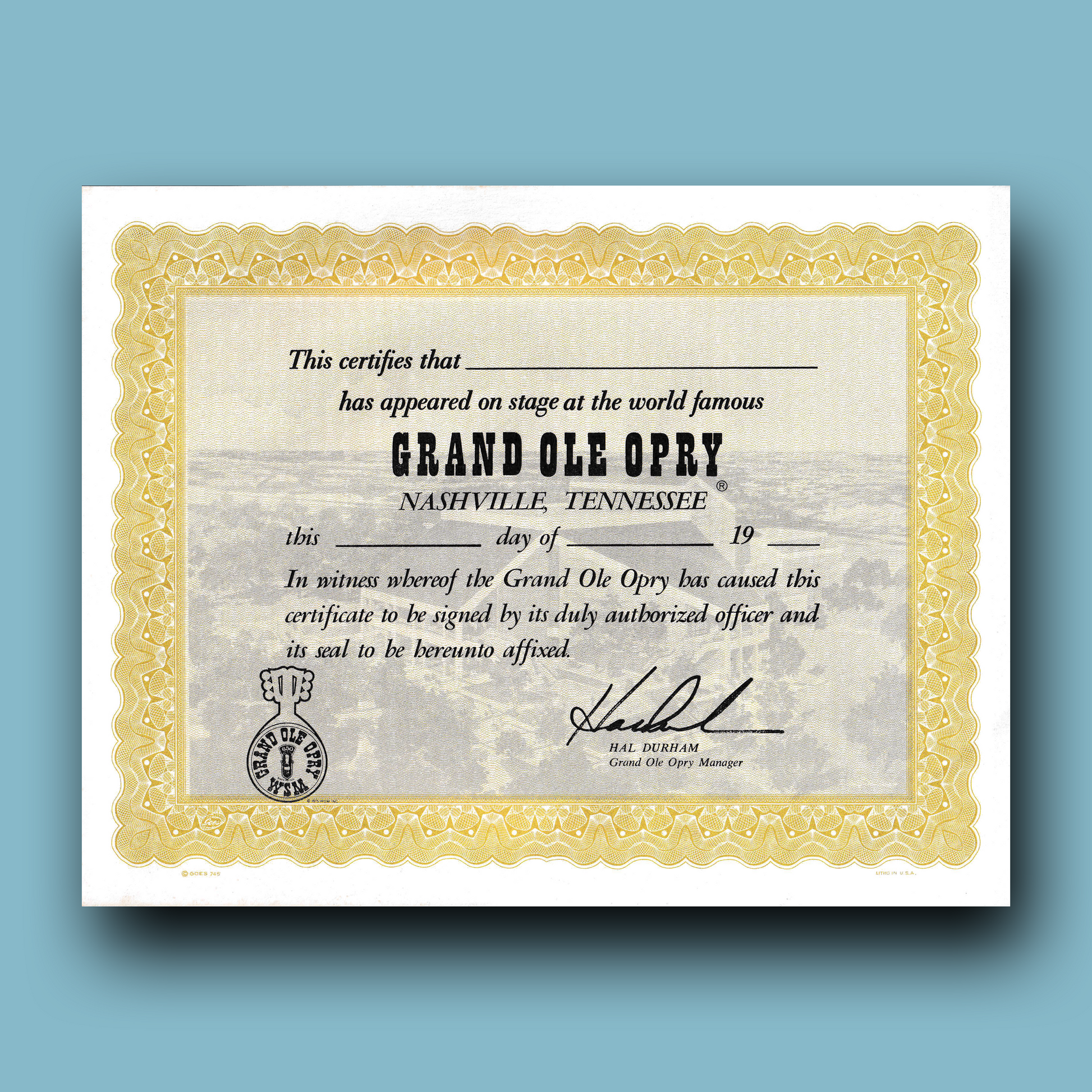 A framed certificate with a gold border, featuring the Grand Ole Opry logo and a space for personalization, such as a name and date.