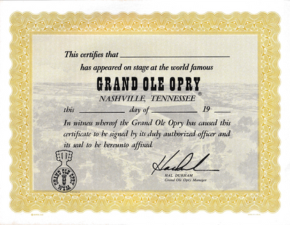 Official Grand Ole Opry Performance Certificate