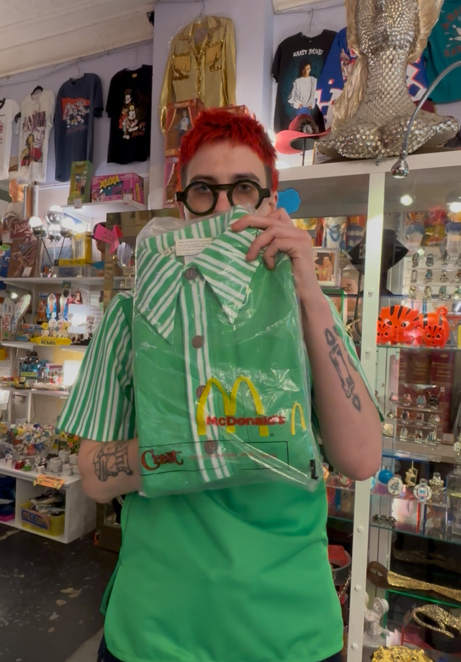 Vintage 1976 McDonald’s green shamrock shake uniform shirt with logo, deadstock new old stock