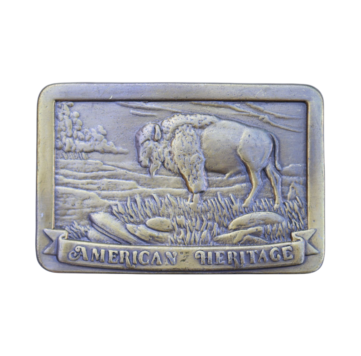 vintage brass belt buckle with buffalo, reads "american heritage"