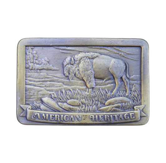 vintage brass belt buckle with buffalo, reads "american heritage"
