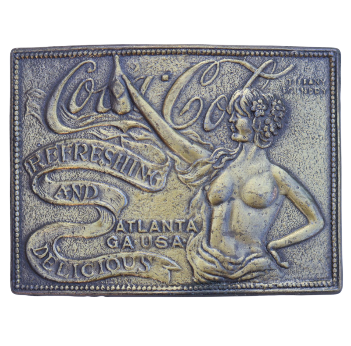 Decorative metal Coca Cola belt buckle with a woman's silhouette 