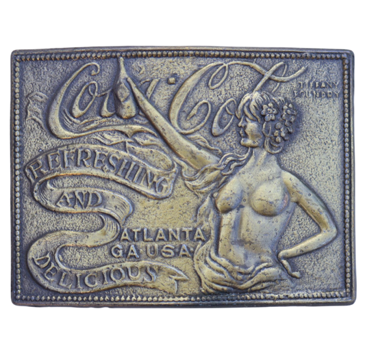 Decorative metal Coca Cola belt buckle with a woman's silhouette 