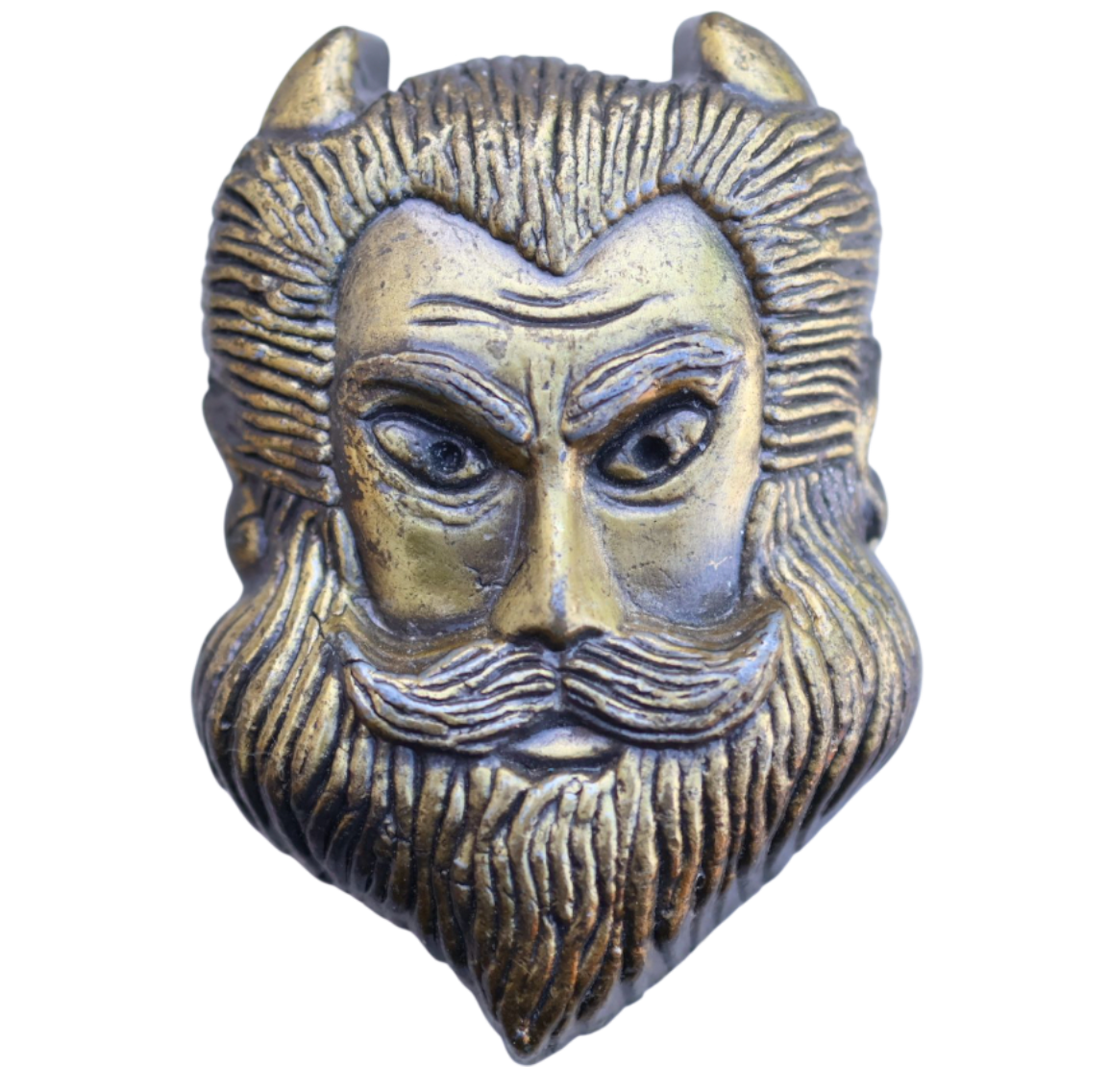 Bronze belt buckle of a bearded devil with horns 
