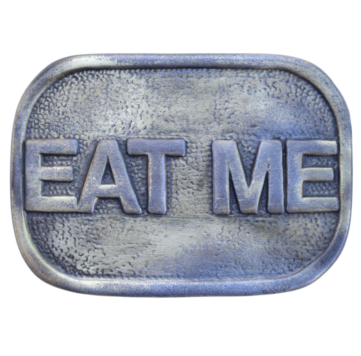 Metallic belt buckle with 'EAT ME' text
