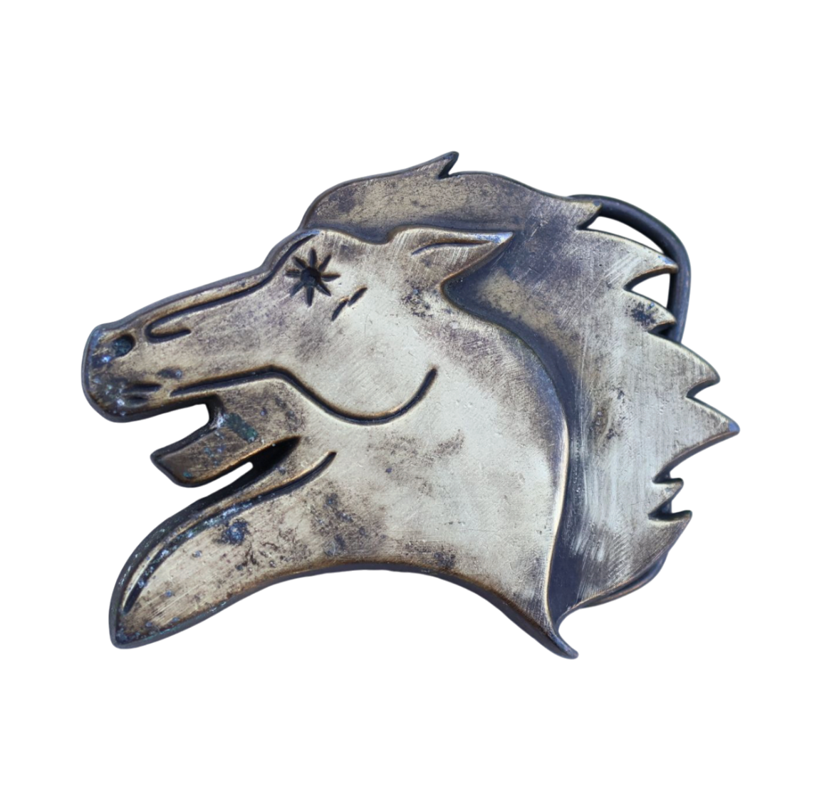 vintage belt buckle featuring a stylized horse head
