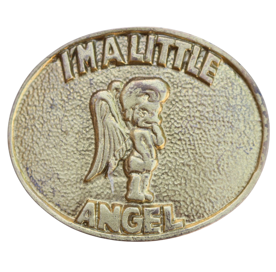 Metallic belt buckle with angel design and text 'I'm a little angel' belt buckle