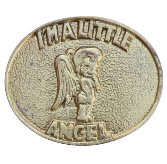 Metallic belt buckle with angel design and text 'I'm a little angel' belt buckle