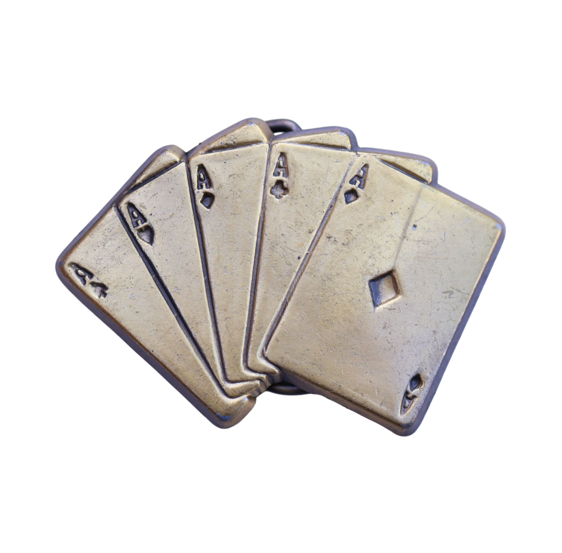 vintage brass belt buckle featuring 5 ace cards