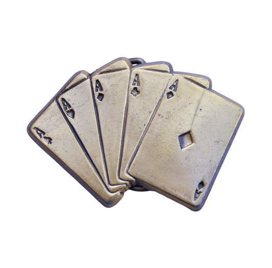 vintage brass belt buckle featuring 5 ace cards