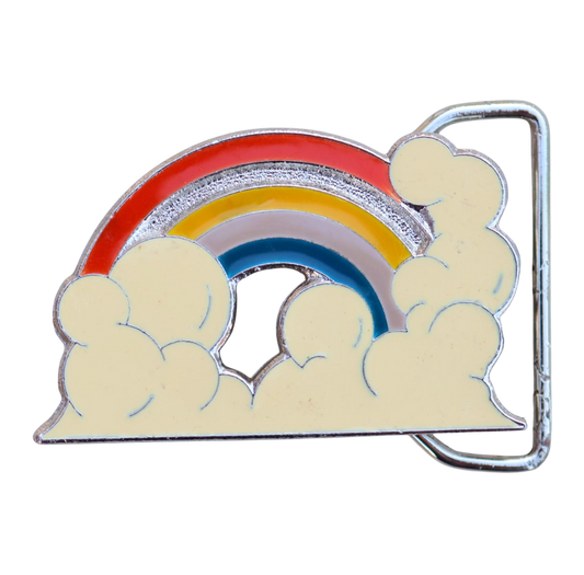 Belt buckle with rainbow and cloud design 