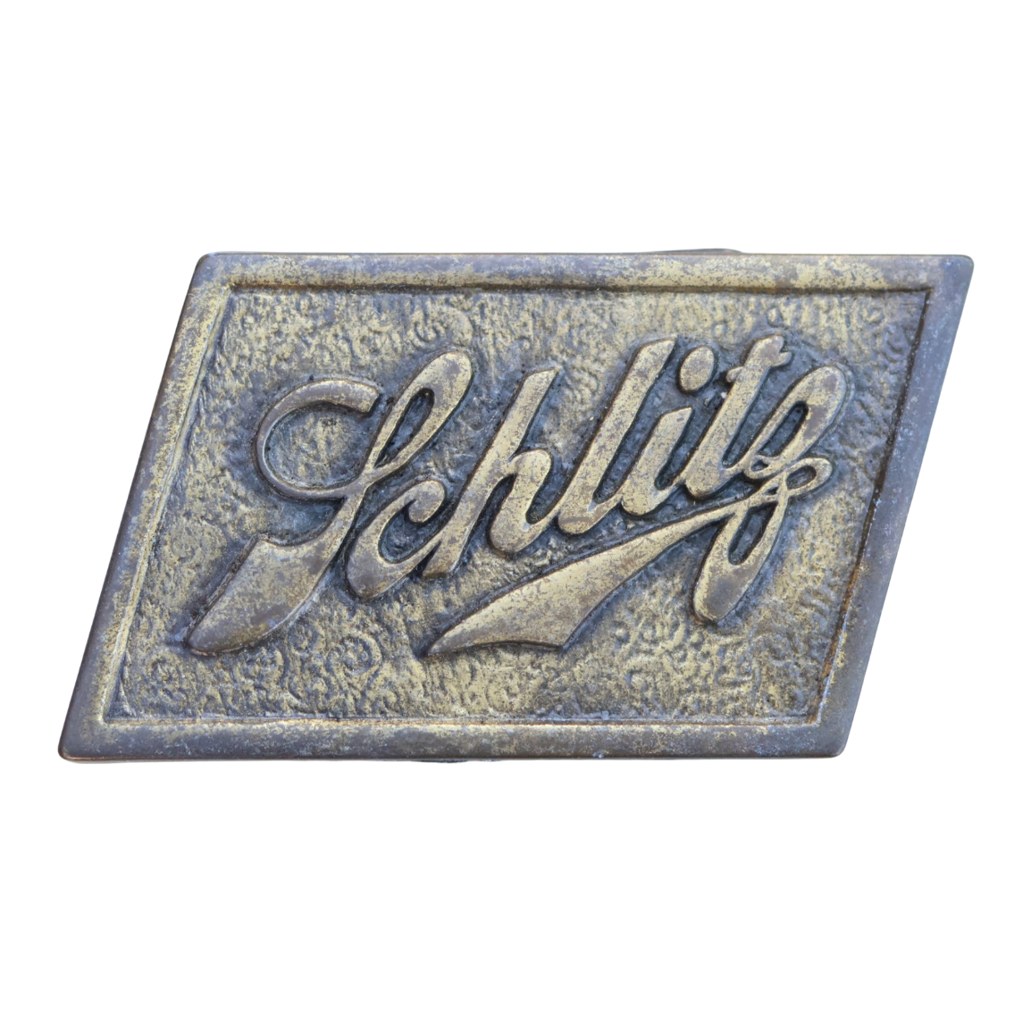 vintage bronze-colored schlitz logo belt buckle