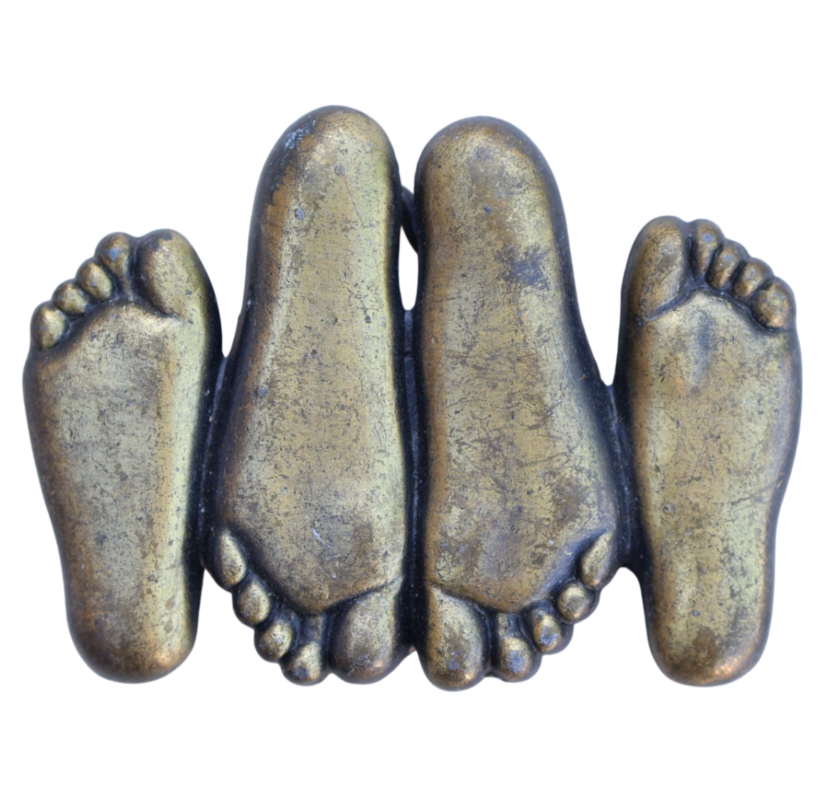 vintage belt buckle of feet in a suggestive position