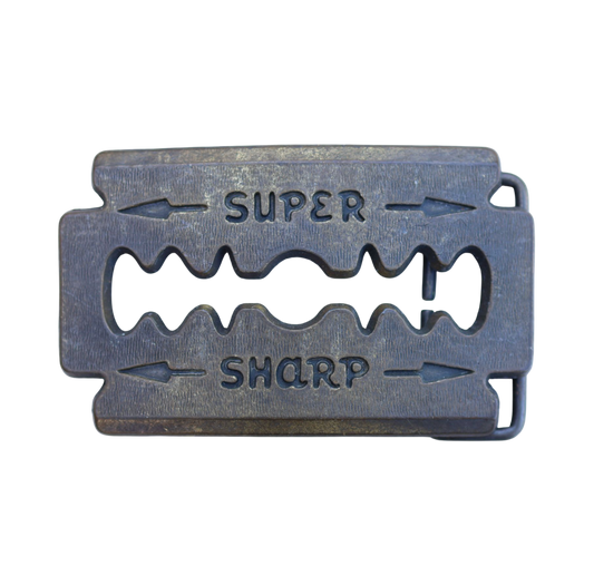 vintage brass super sharp razor blade belt buckle
