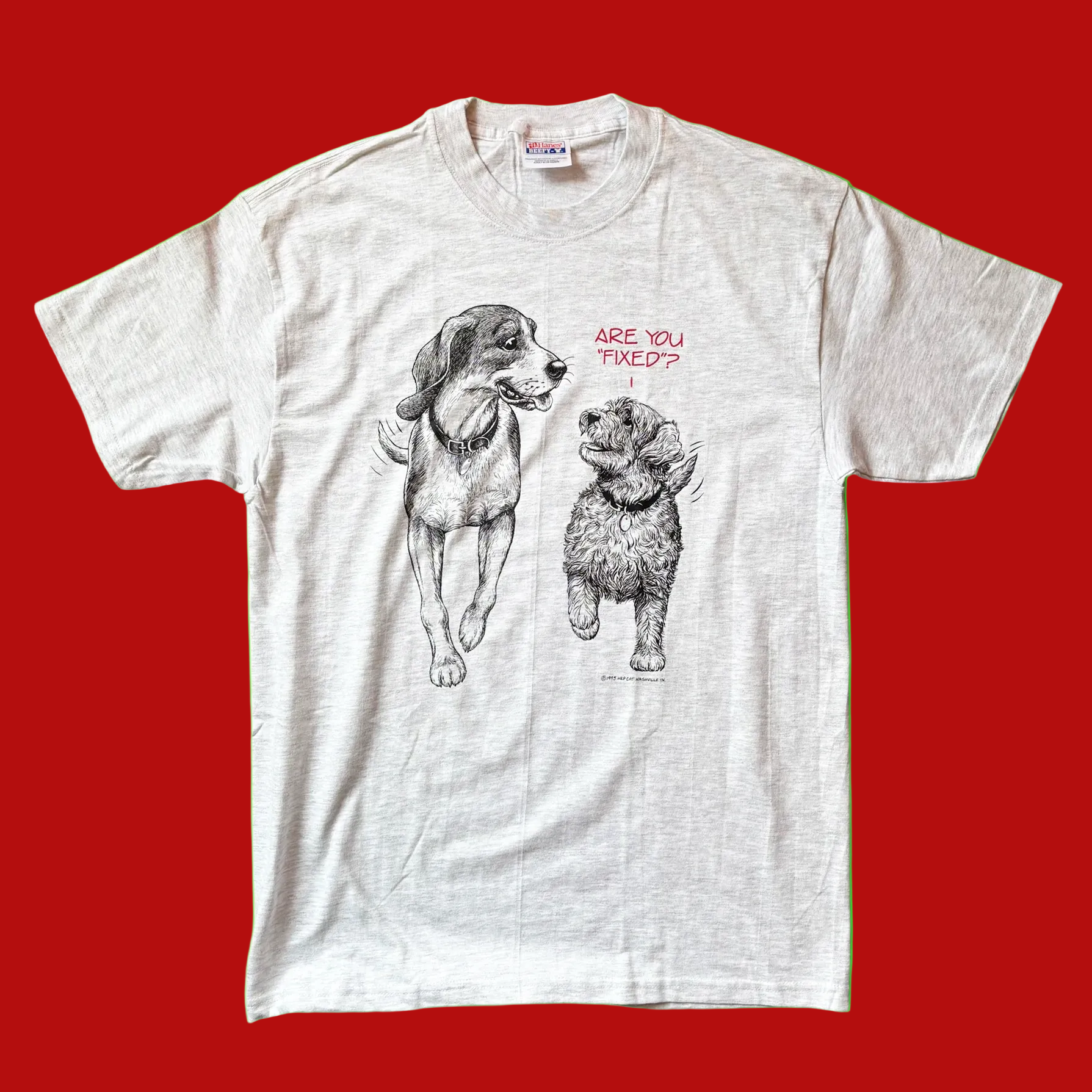 A graphic t-shirt with illustrations of two dogs and the text 'Are You Fixed?' on a green background.